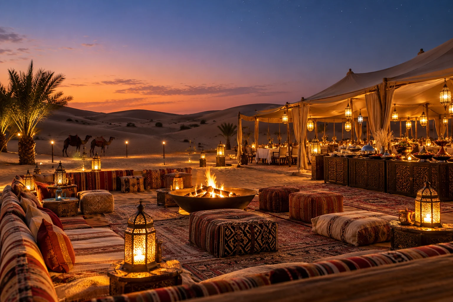 An Arabian safari camp glowing under the twilight sky