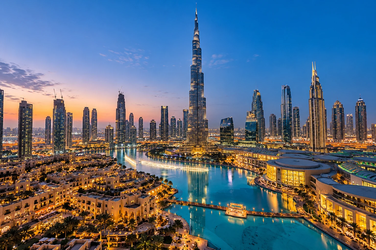 Dubai Downtown skyline and Burj Khalifa at blue hour
