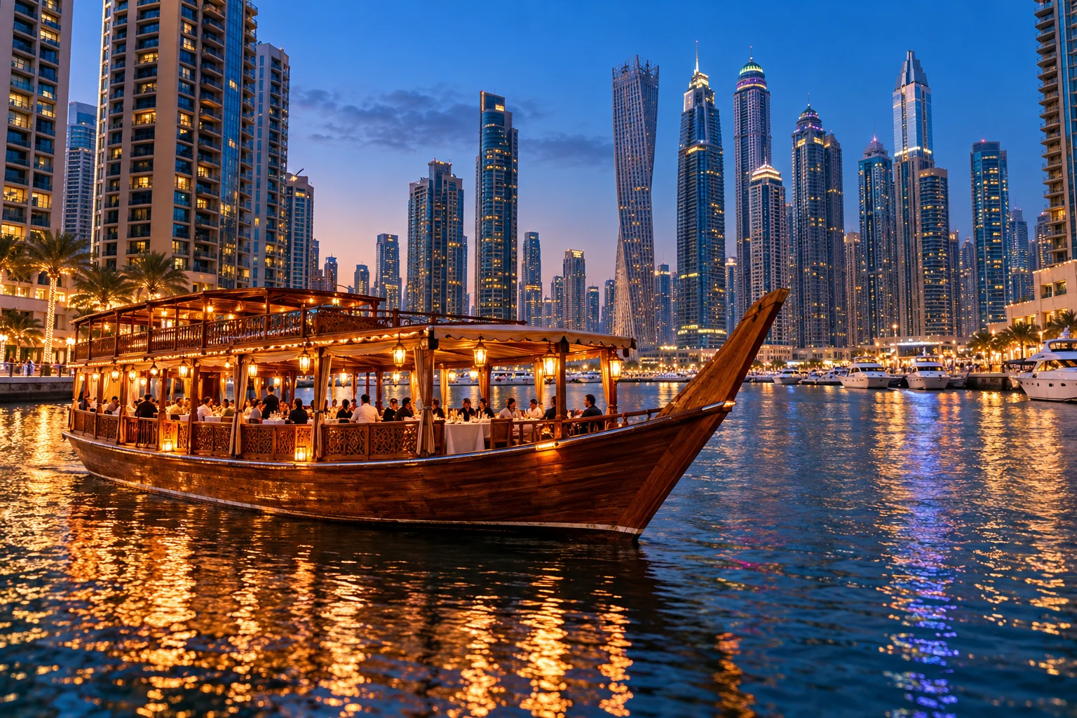 An illuminated dhow dinner cruise in Dubai Marina
